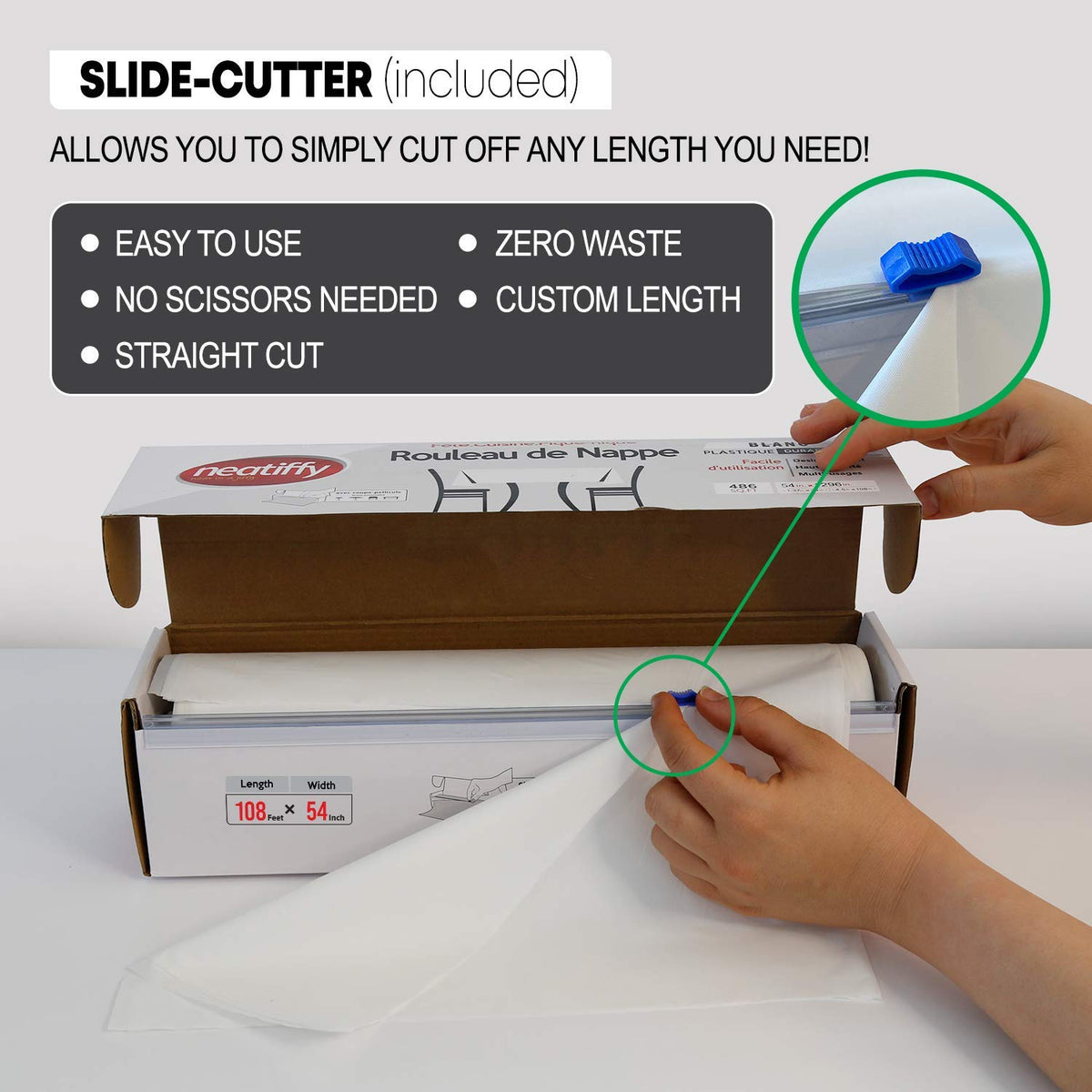 Neatiffy tablecloth roll fits rectangle, square, round, and oval tables for flexible layouts.