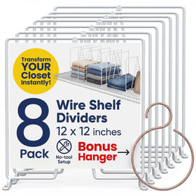 Neatly Made white wire shelf dividers 8-pack organize shelves and maximize closet space.