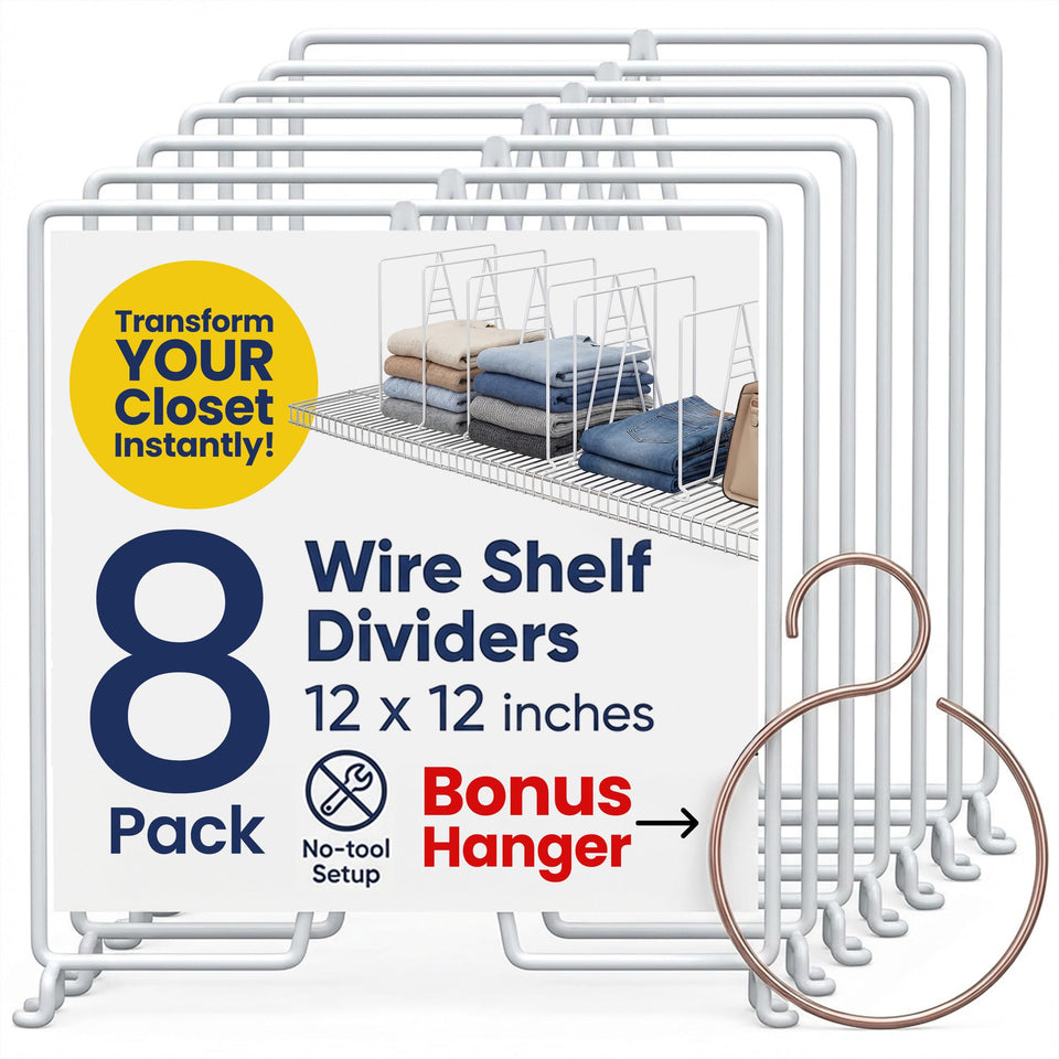 Neatly Made white wire shelf dividers 8-pack organize shelves and maximize closet space.