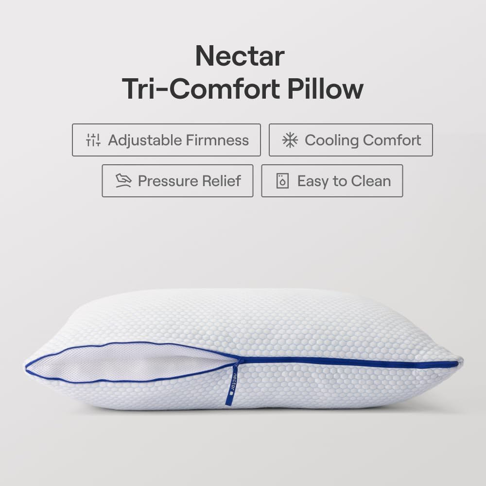 Nectar Tri-Comfort pillow gusset zipper detail illustrating adjustable firmness.