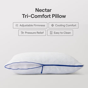 Nectar Tri-Comfort pillow gusset zipper detail illustrating adjustable firmness.