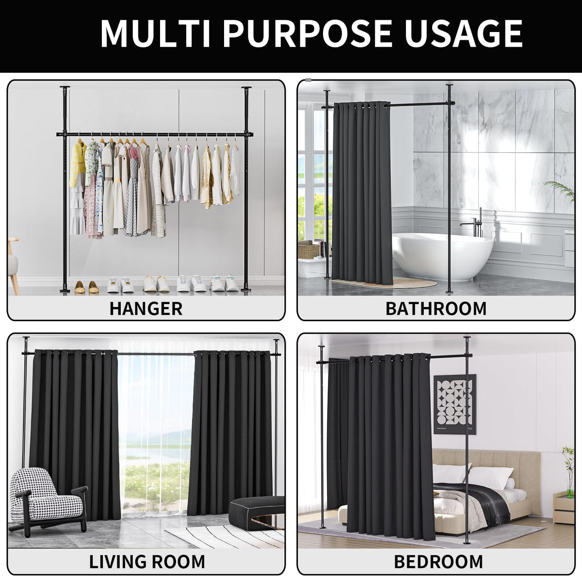 NECVHA Room Divider Rod, 45-lb capacity supports heavy drapes without sagging.