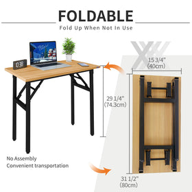Need folding desk with teak top and black frame in a modern home office.