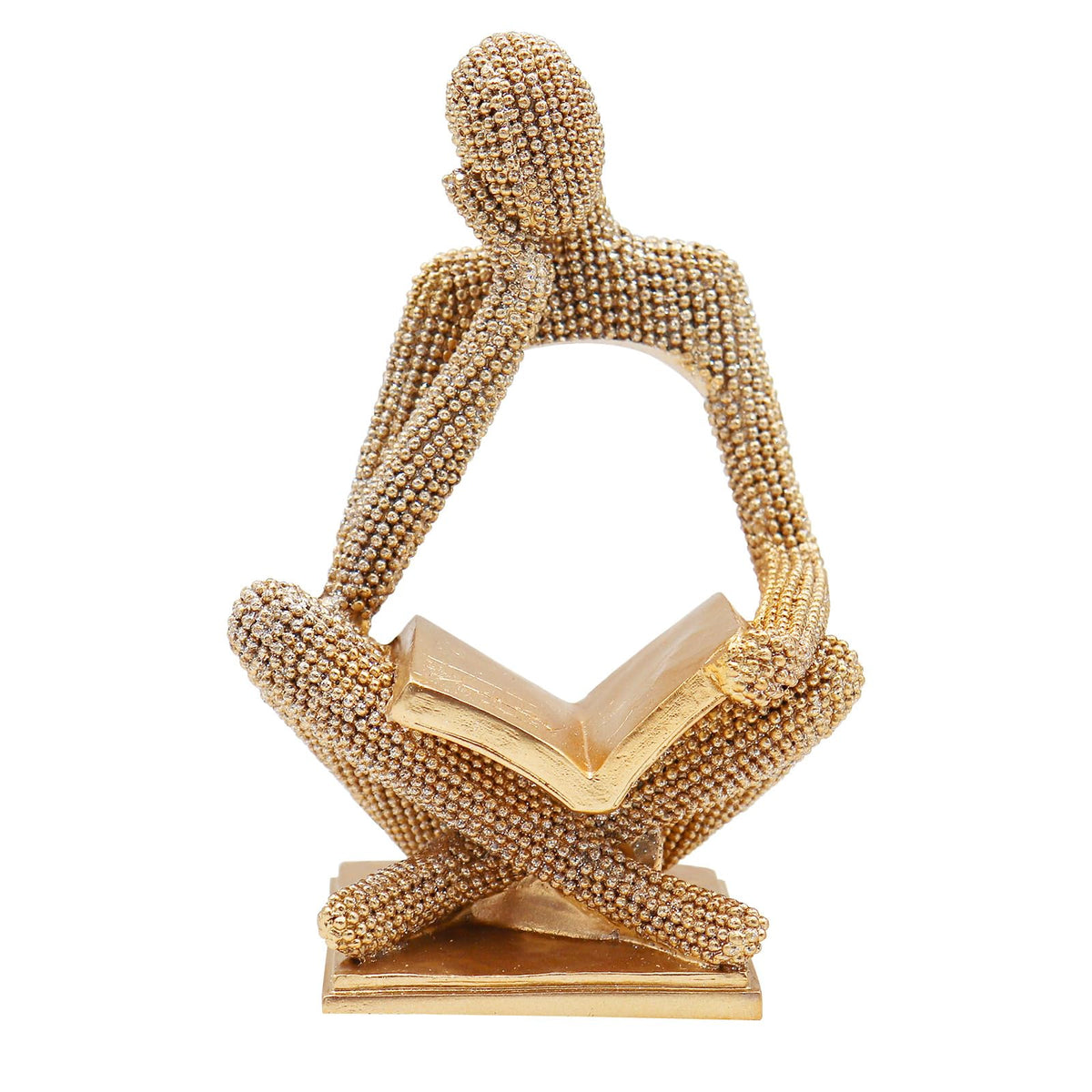 Neeenn Sparkling Gold Reading Woman Statue on a shelf, an elegant centerpiece.