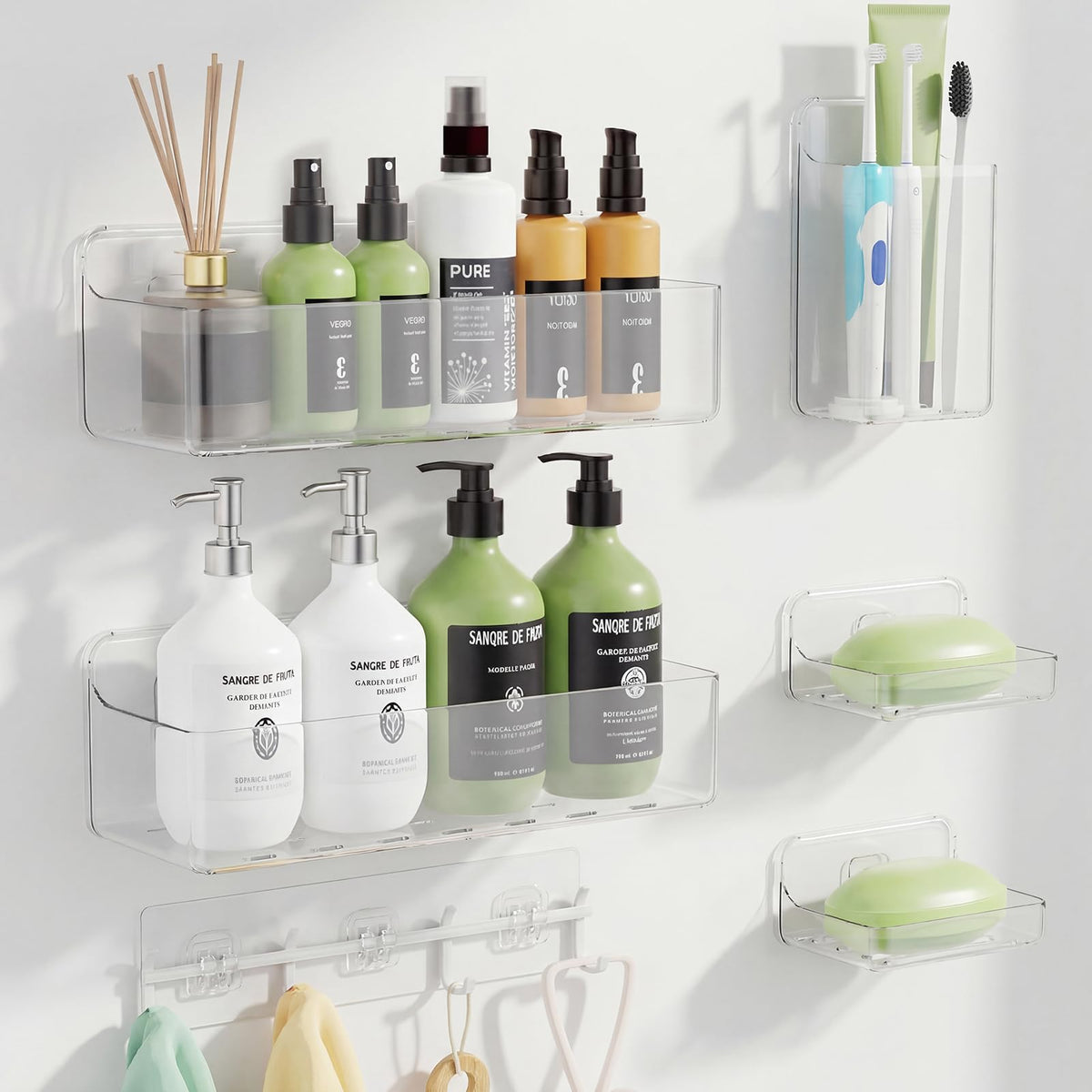 Nefeiya adhesive shower caddy 6-pack in clear wall-mounted for organized shower storage