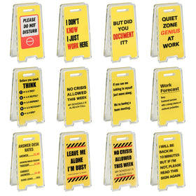 NefosLeuki funny desk sign yellow caution on a tidy desk boosts mood.