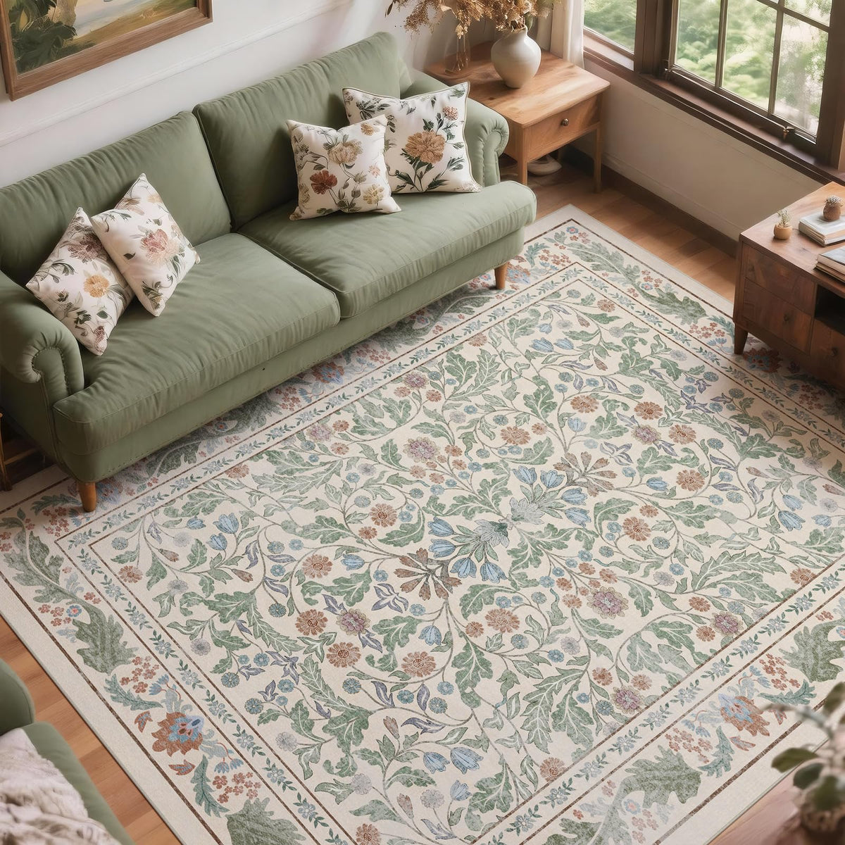 NEIGELUO floral 8x10 rug in beige-green adds warmth to living spaces.