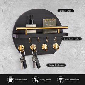 Nekon black key holder with golden hooks and eight hooks for keys and small items.