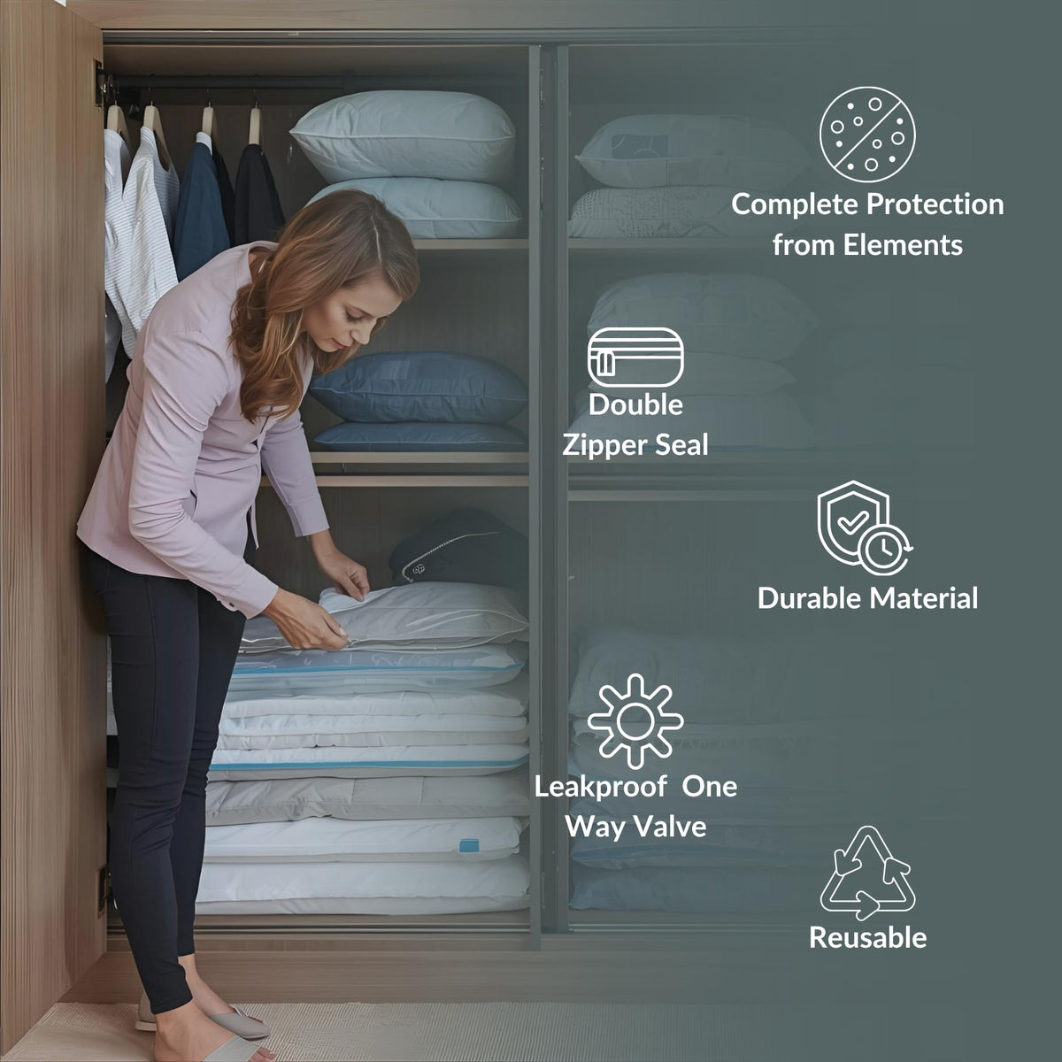 Nellivia durable poly material vacuum bag resists tearing during travel.