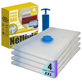 Nellivia Mega Jumbo XXL vacuum bags with pump for space-saving organization.