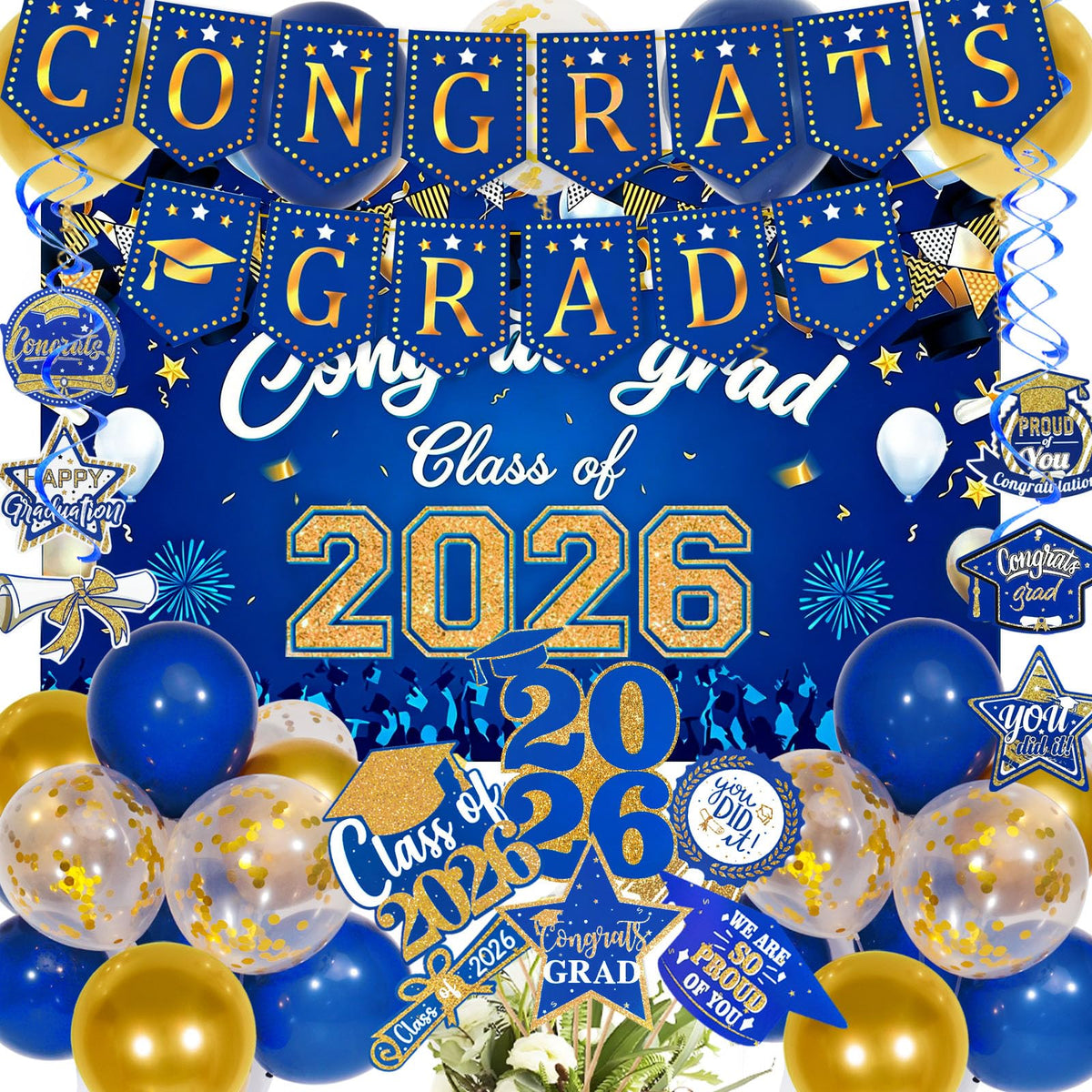 Nelotaor blue-gold banner boosts graduation photo moments.