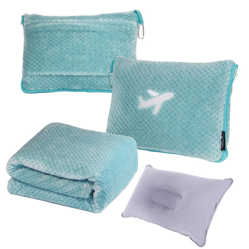 Nenolix 3 in 1 travel blanket and pillow folded in compact pouch for easy travel