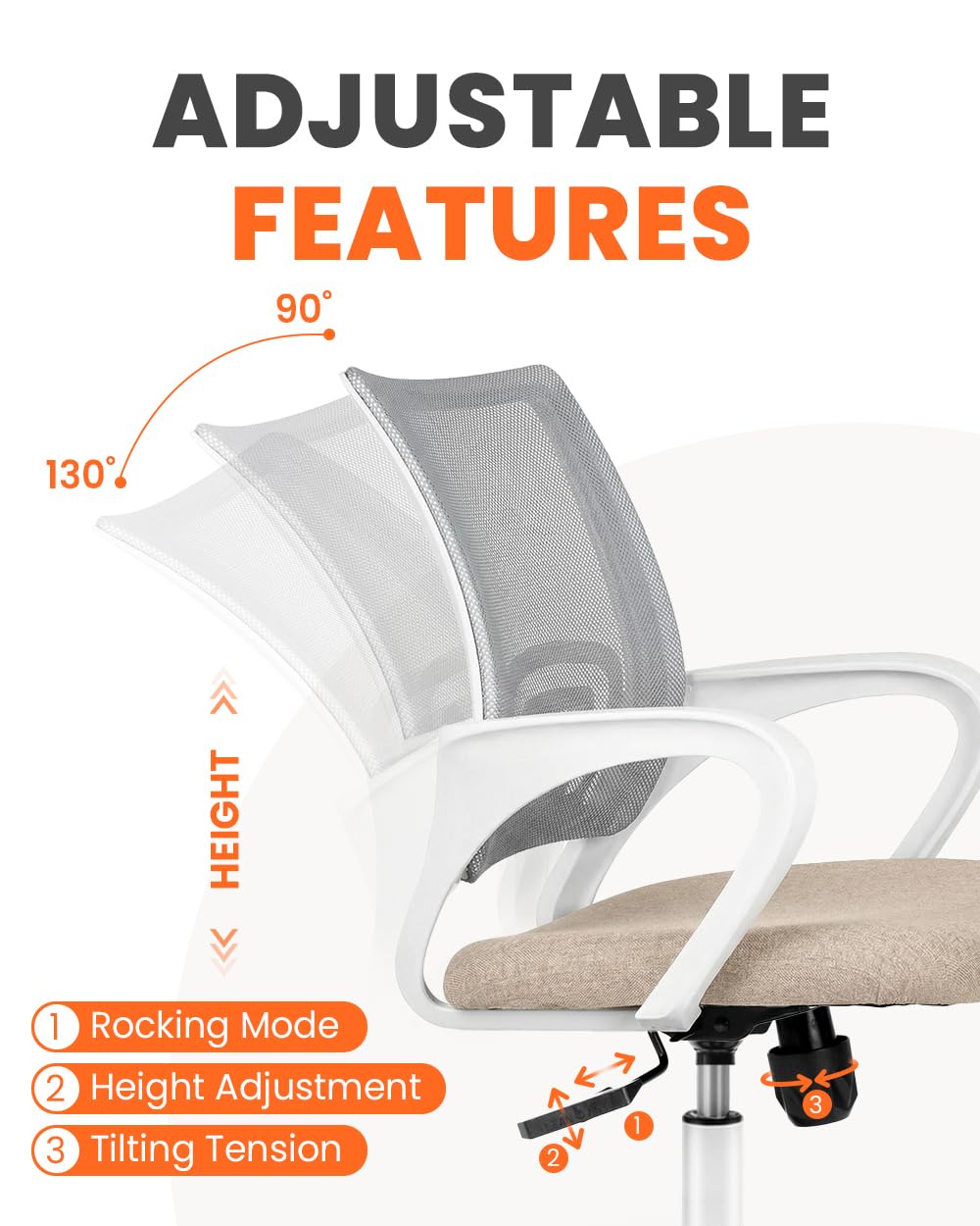 NEO CHAIR adjustable height and tilt with 360-degree swivel for personalized comfort.