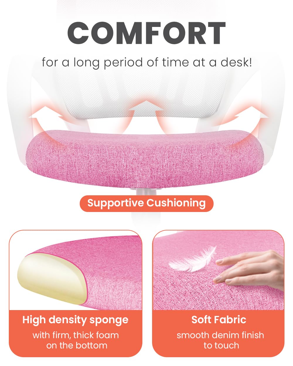 NEO CHAIR pink 360-degree swivel wheels enable easy desk movement