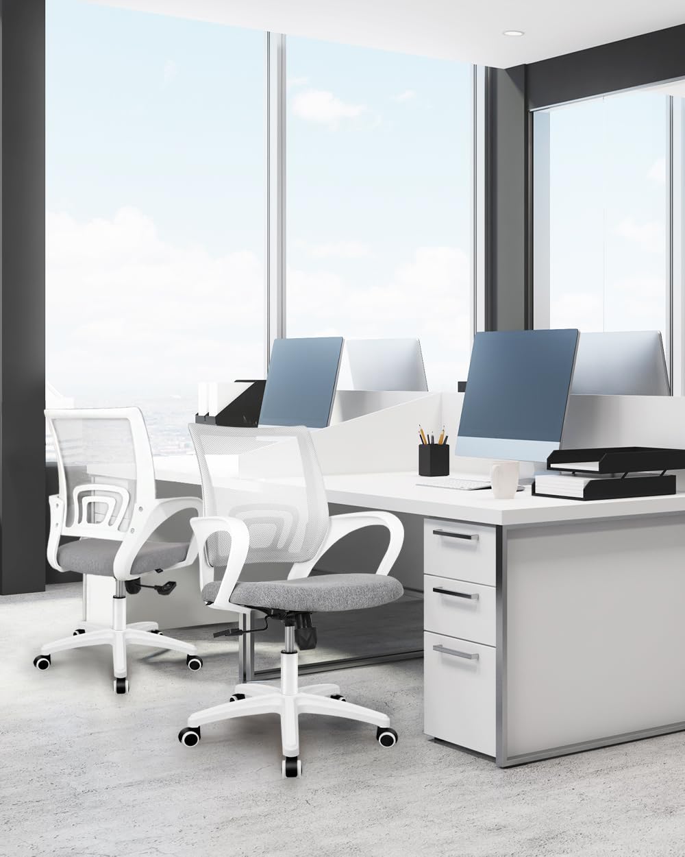 Neo Chair rolling wheels glide smoothly across floors for mobility.