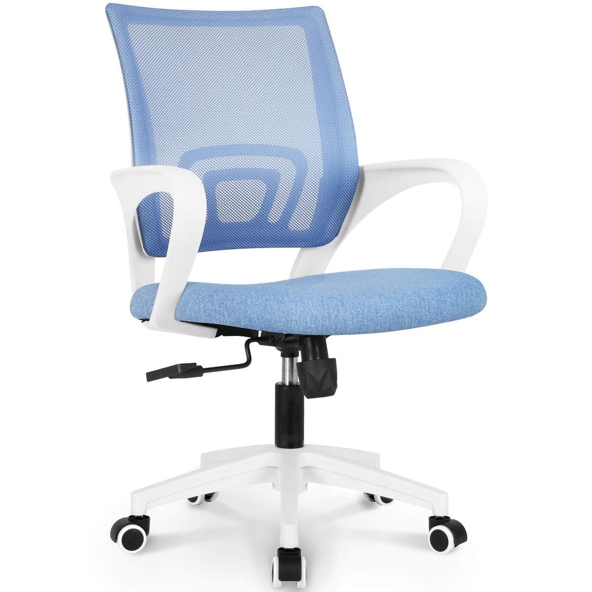 Neo Chair sky-blue ergonomic mesh backrest supports posture during long work sessions