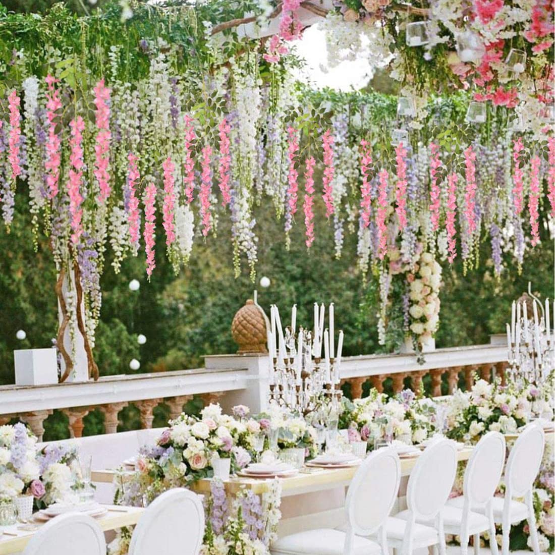 NEOONES wisteria wedding decor bouquet and decor accents.