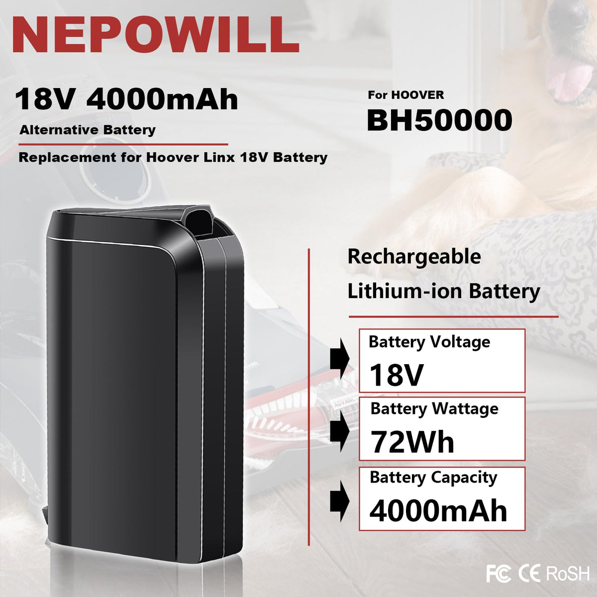 NEPOWILL Hoover Linx 18V battery on charger delivers quick, safe recharge.