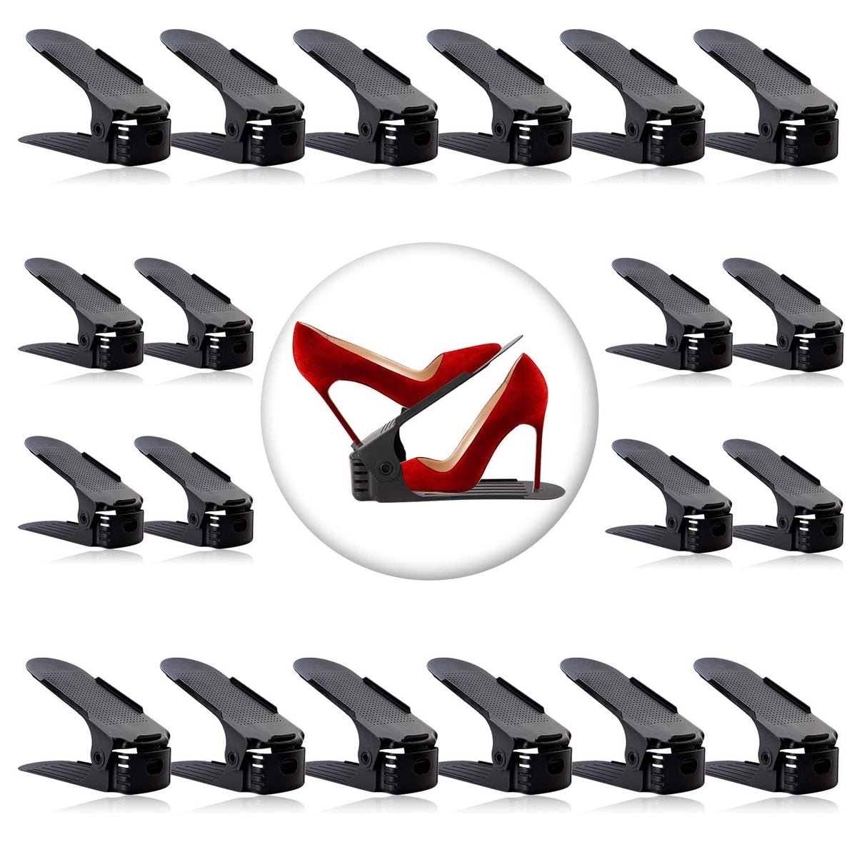 Neprock shoe rack adjustable-height closet view showing versatile fit for various shoes