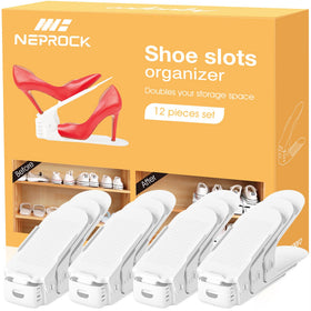 Neprock Shoes Slots Organizer white twelve-pack in closet demonstrates space-saving storage