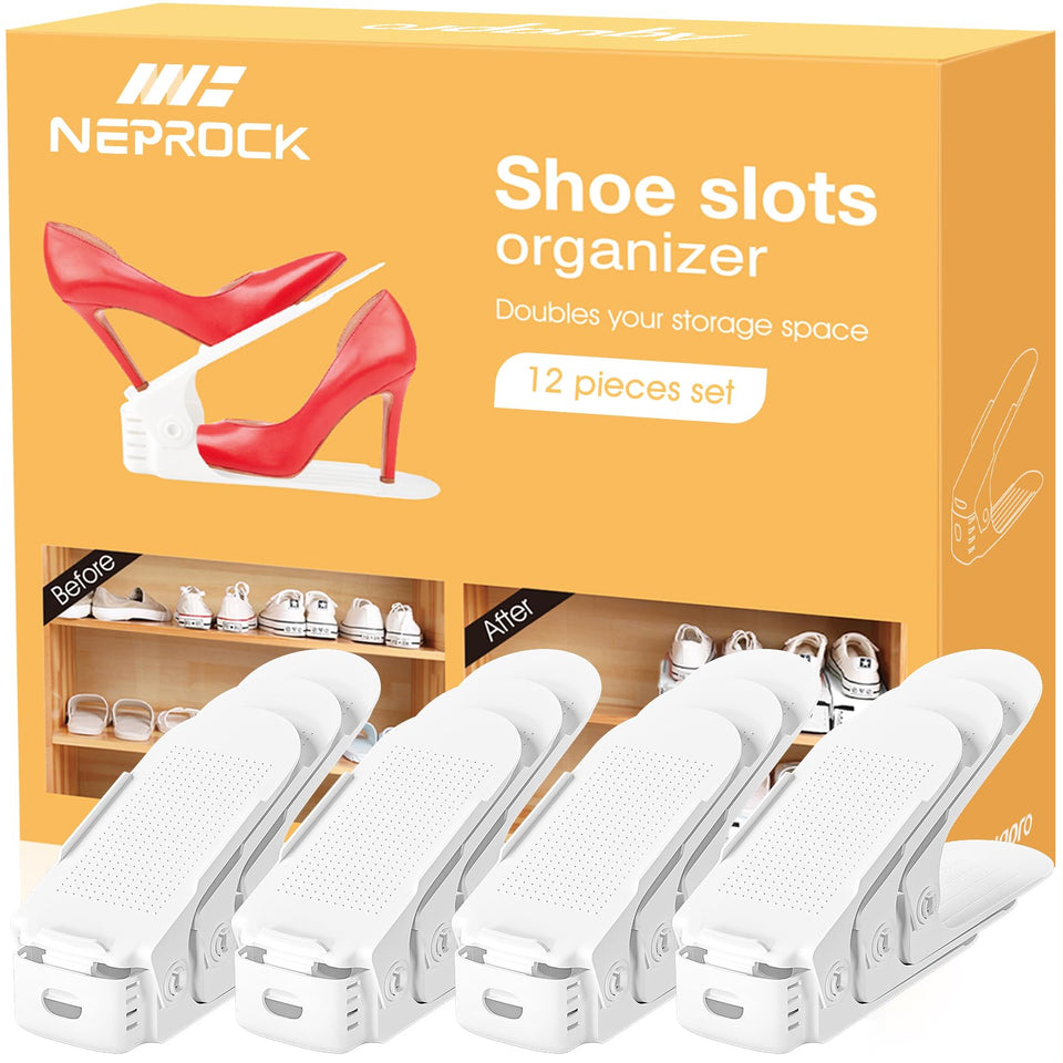 Neprock Shoes Slots Organizer white twelve-pack in closet demonstrates space-saving storage