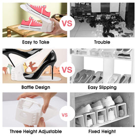 Neprock Space-saving rack for entryway storage stacking multiple pairs.
