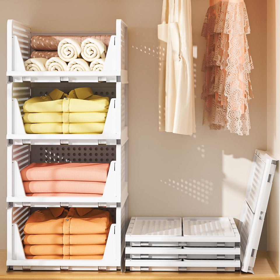 Neprock stackable drawers open 4-pack for easy access to clothing and accessories.