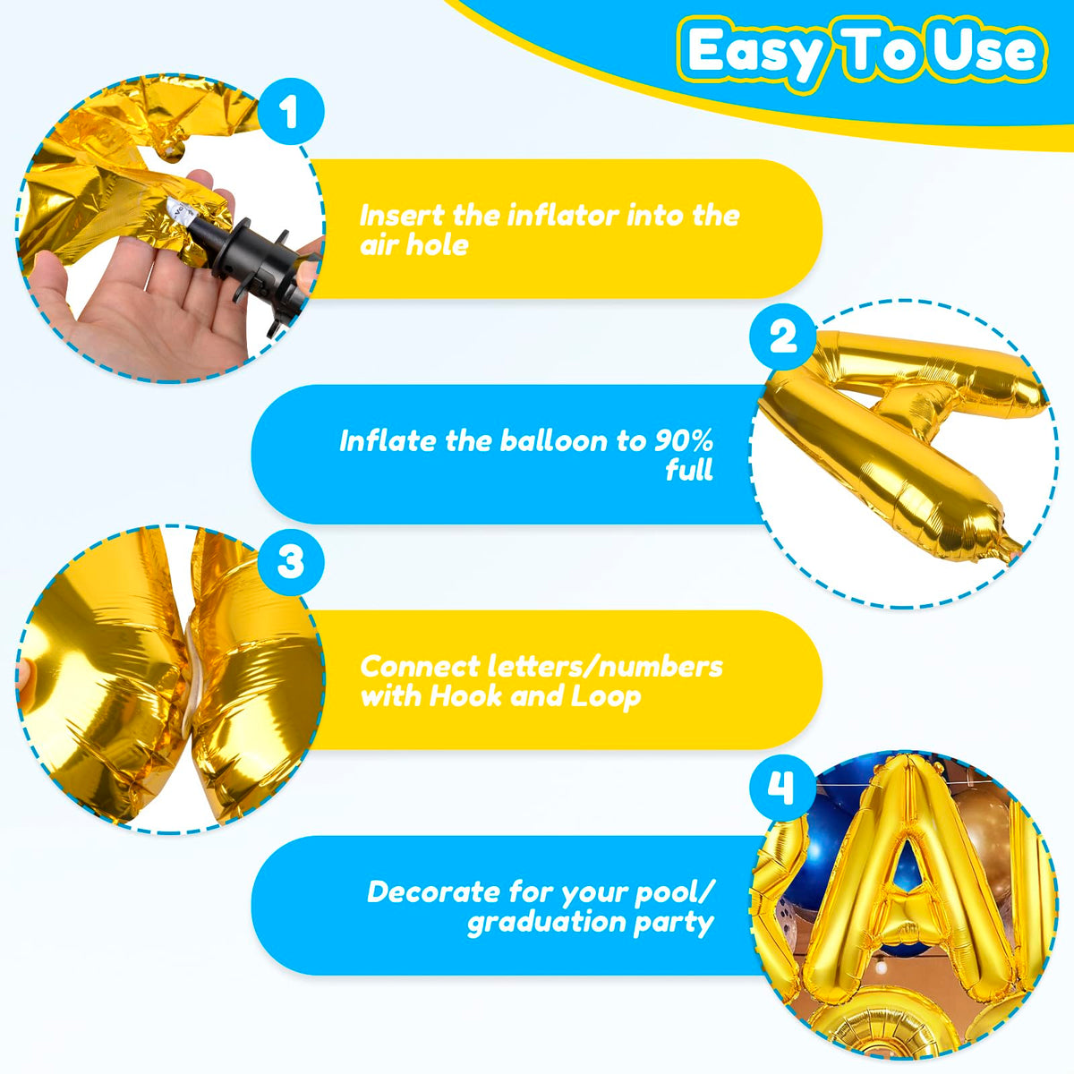 Nerien premium gold aluminum foil balloons with shiny finish.