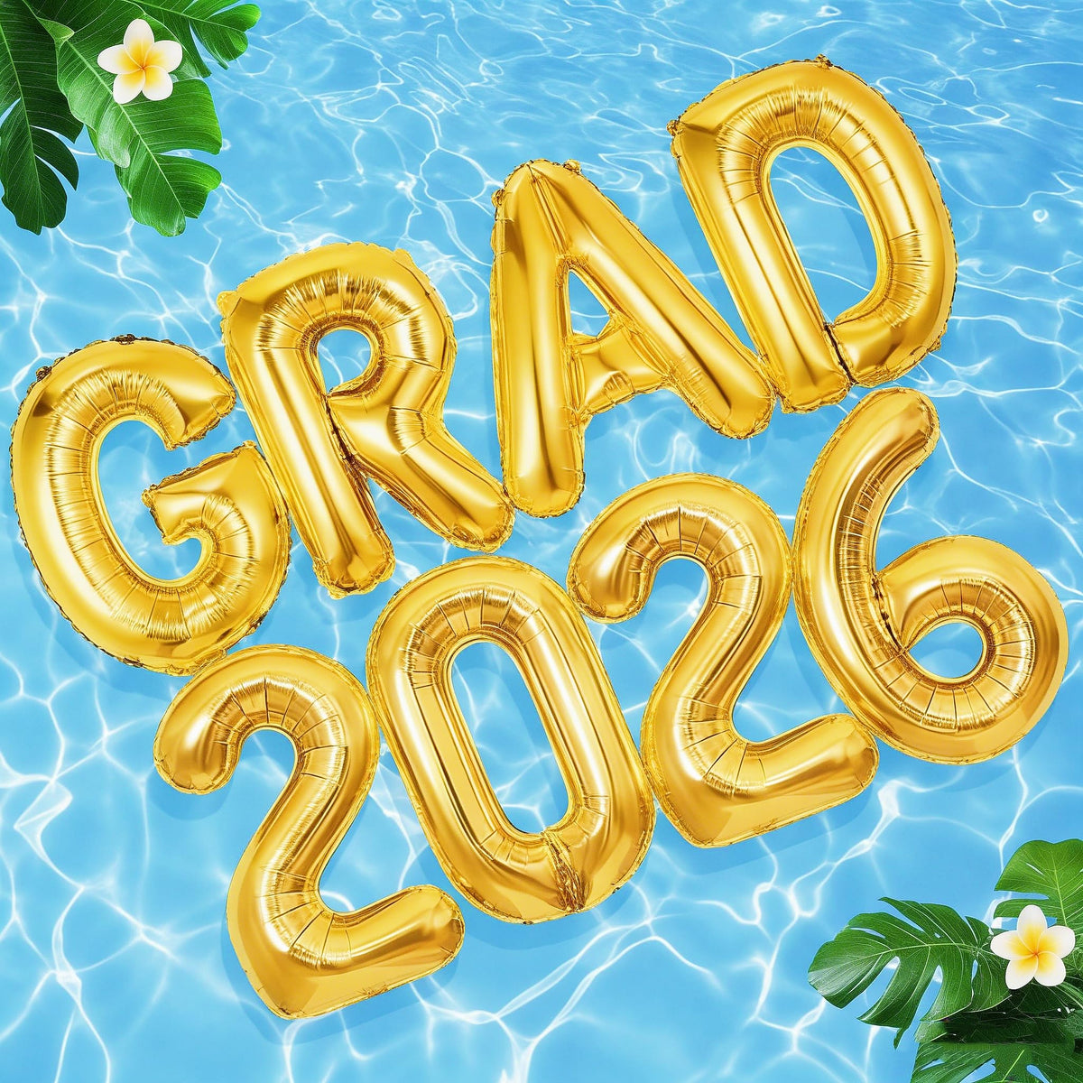 Nerien Grad 2026 gold balloons in a wide poolside shot.