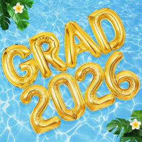 Nerien Grad 2026 gold balloons in a wide poolside shot.