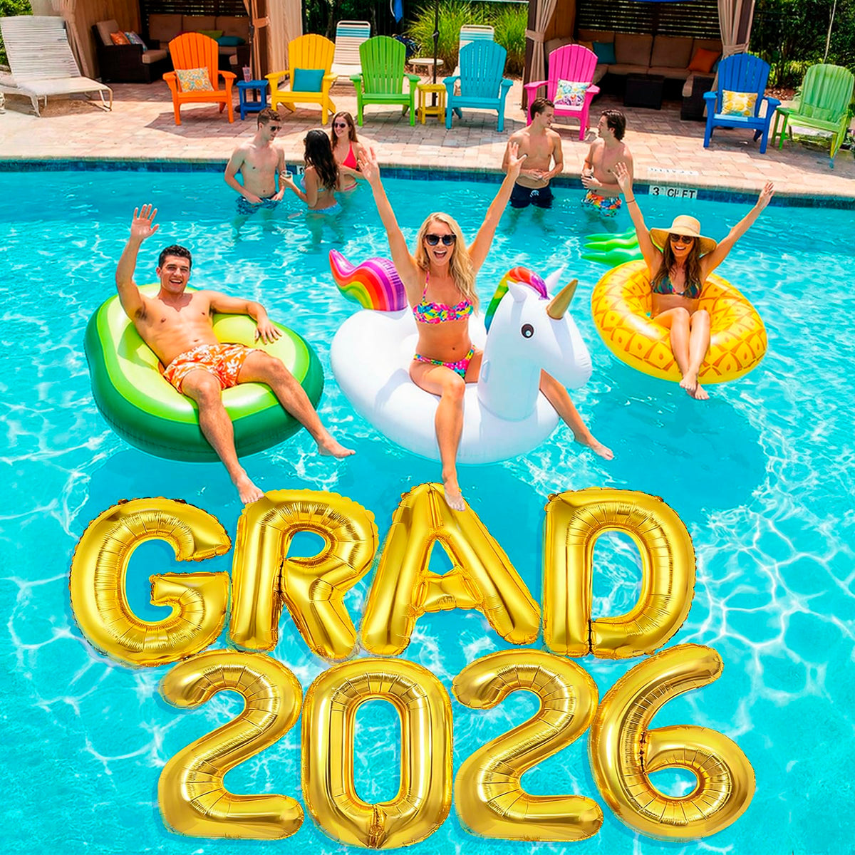 Nerien graduation pool float setup for party decor.