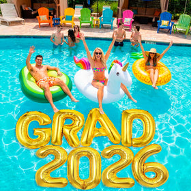 Nerien graduation pool float setup for party decor.