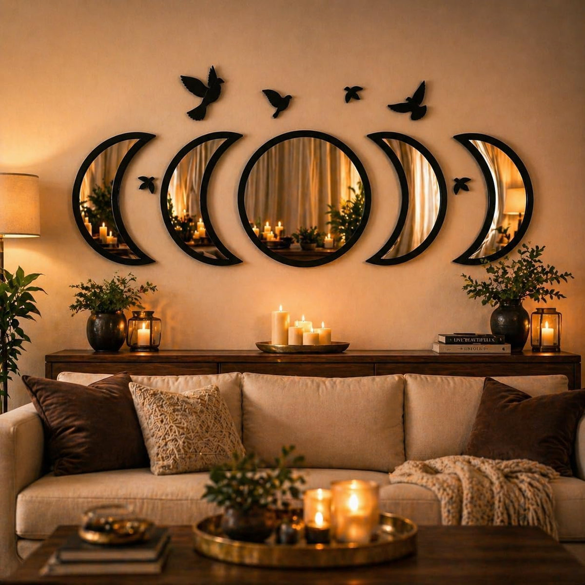 NESHE Moon Phase Mirror set with birds creates gothic focal point
