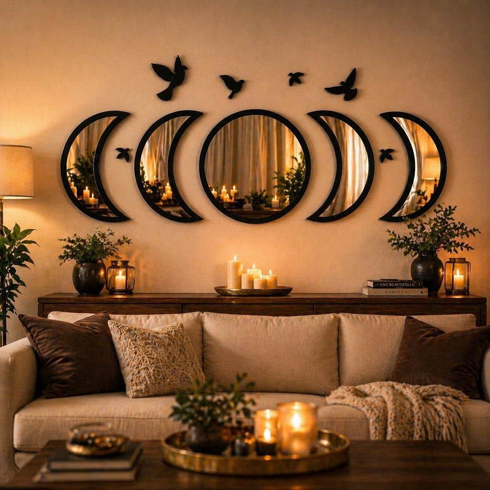 NESHE Moon Phase Mirror set with birds creates gothic focal point