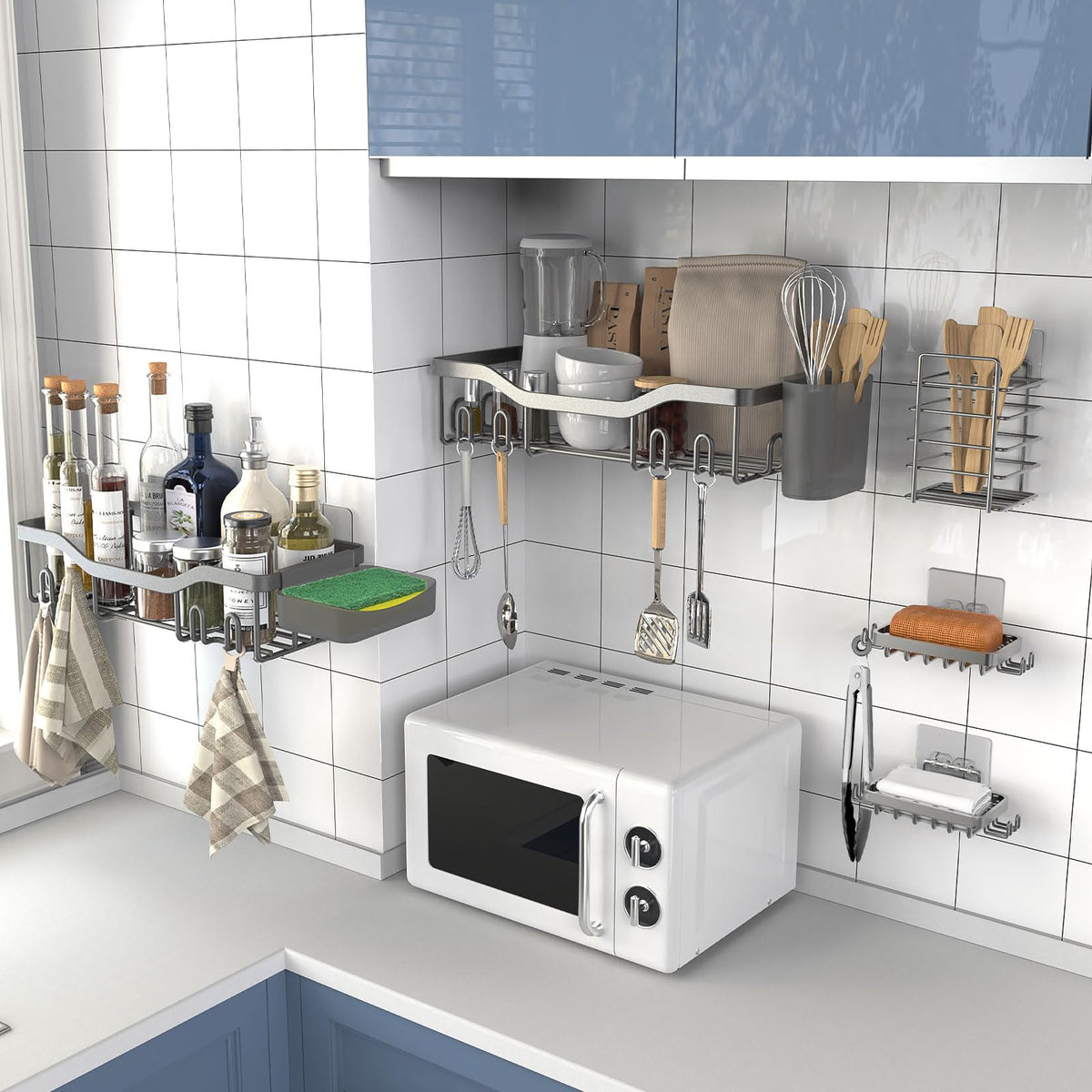 Large capacity shelves hold bath gels, sponges, and accessories neatly.