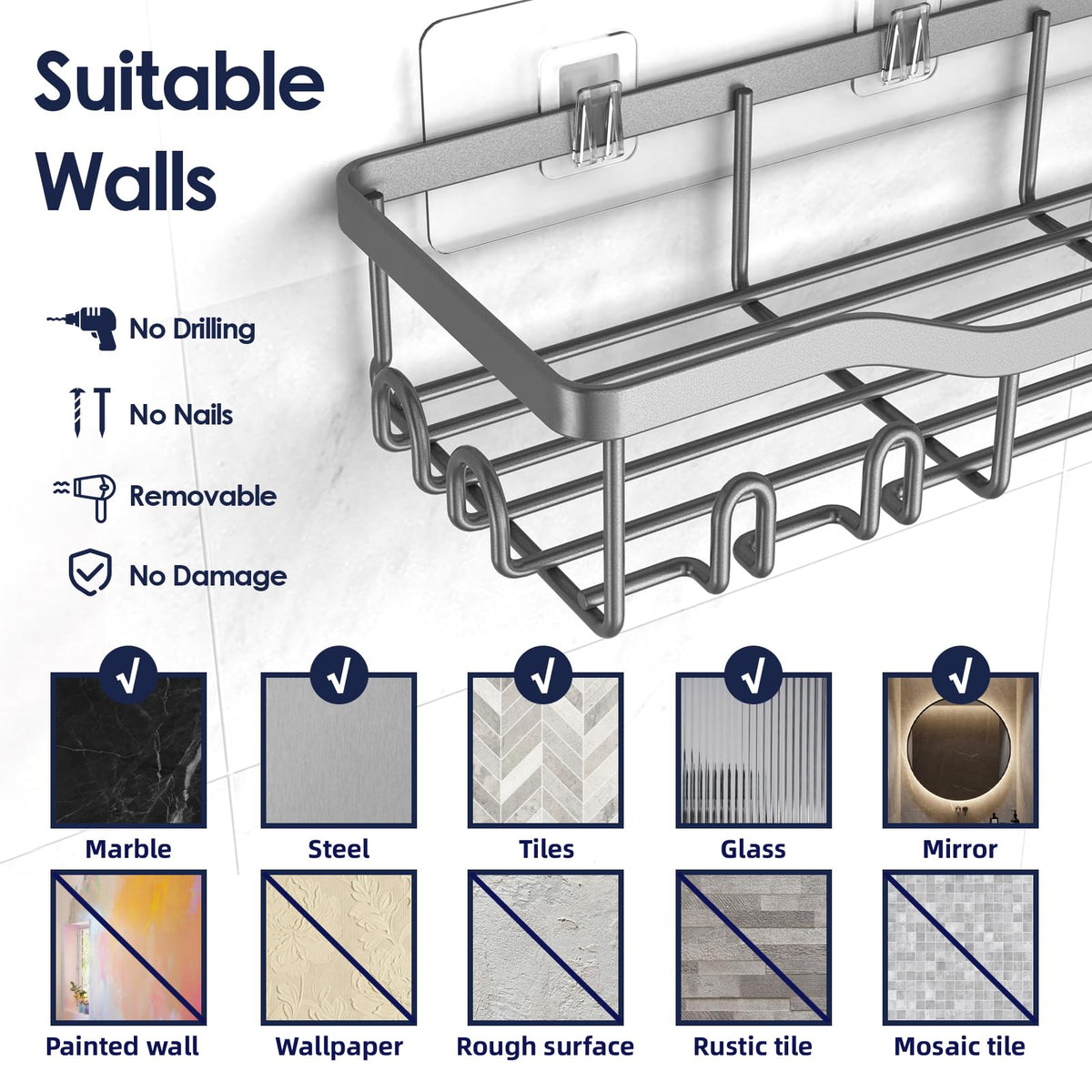 No-drill installation supports secure storage with up to 40 lbs.