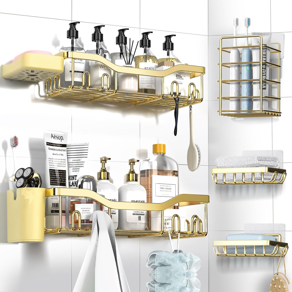 NESOMI shower caddy 7-pack adhesive shelves organize bath essentials.