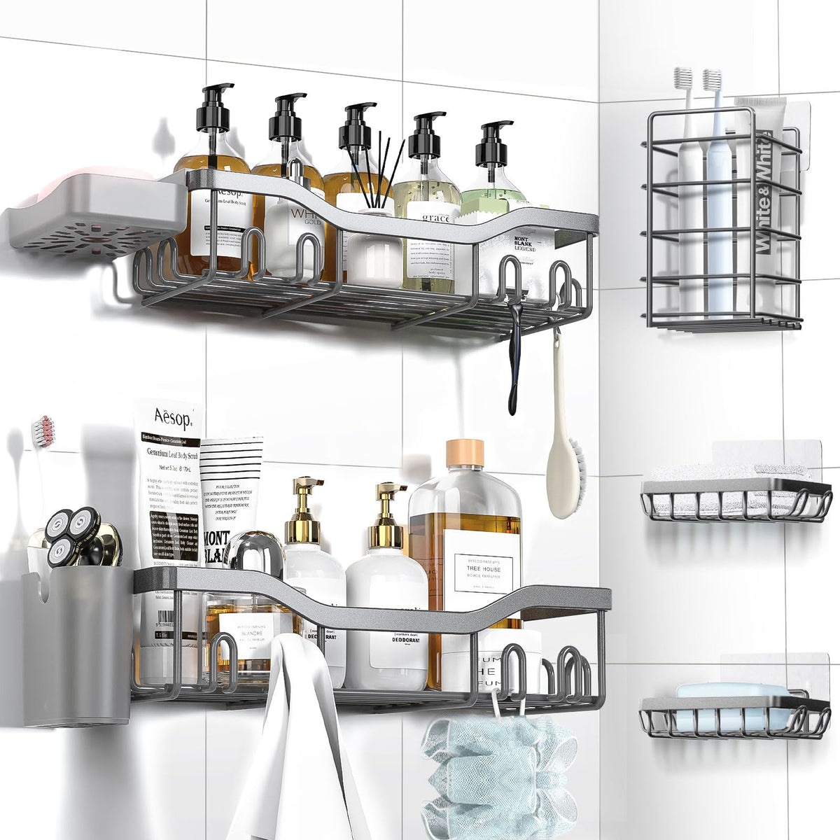 NESOMI shower caddy 7-pack with adhesive, ideal for organized bathroom essentials.