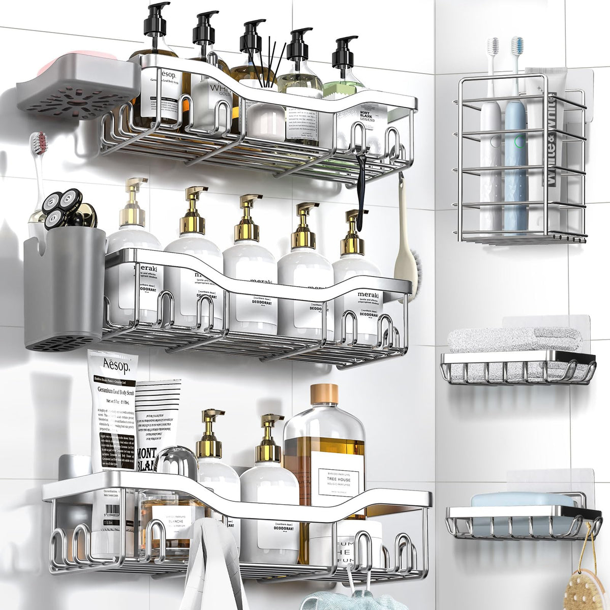 NESOMI shower caddy adhesive 8-pack box highlights easy mounting and spacious storage.