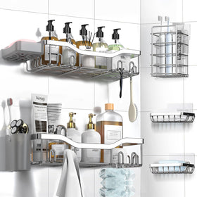 NESOMI adhesive shower caddy installation shows no-drill setup for fast bathroom organization.