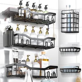 NESOMI Shower Caddy overview shows eight shelves and 32 hooks for organized storage.