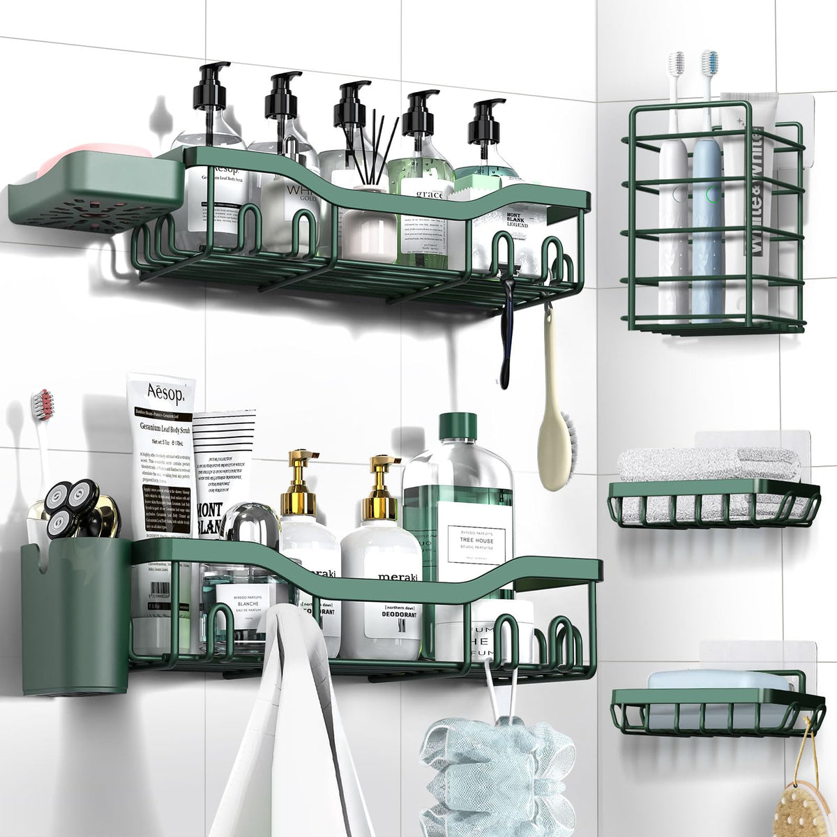 NESOMI adhesive shower caddy on tile shows space-saving storage