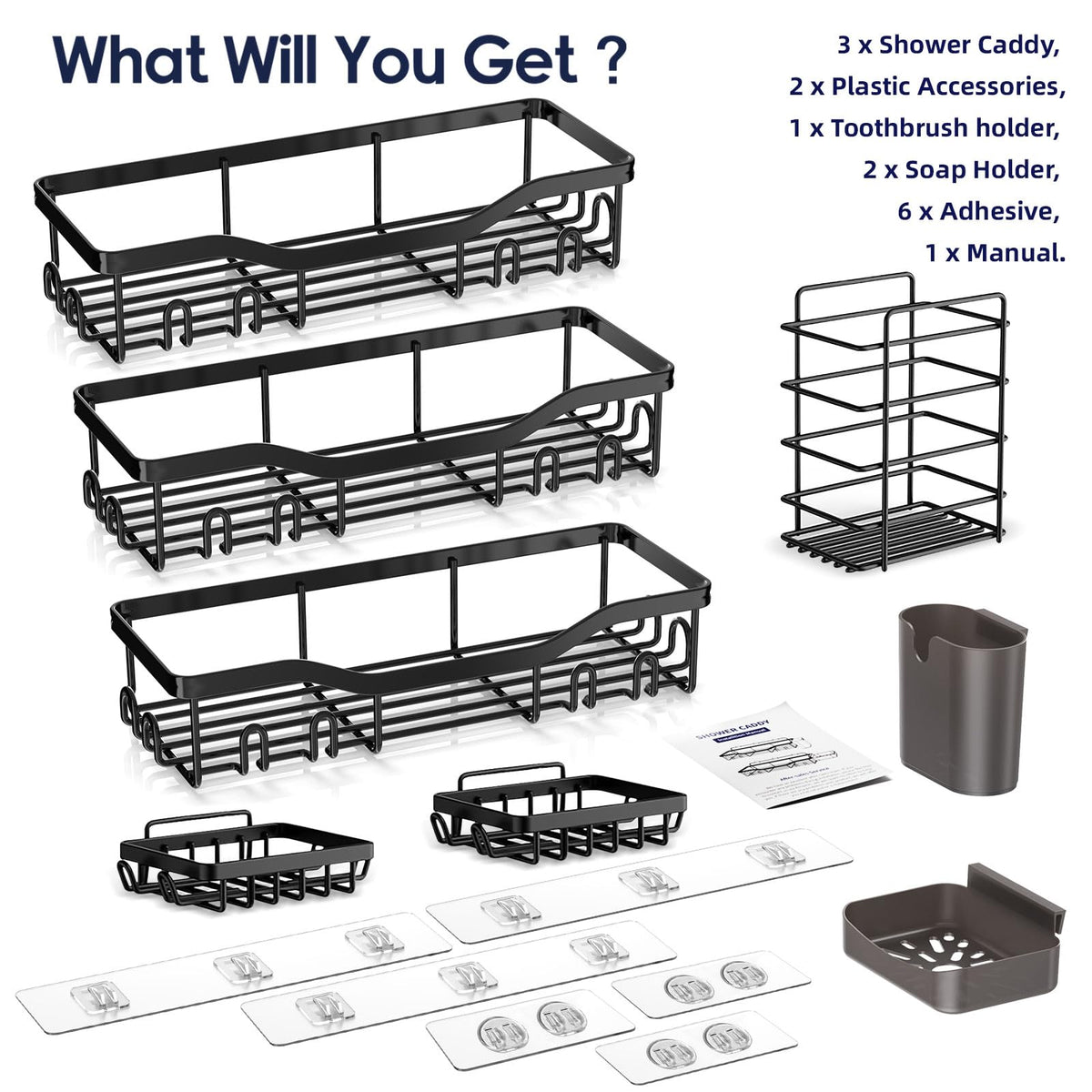 Shower shelf mounted above sink provides quick access to daily items.