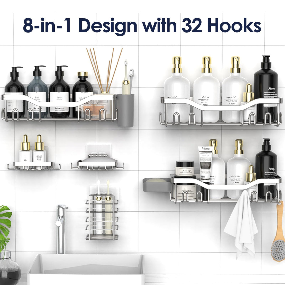 NESOMI shower caddy on smooth tiles shows versatile wall placement and easy cleaning.