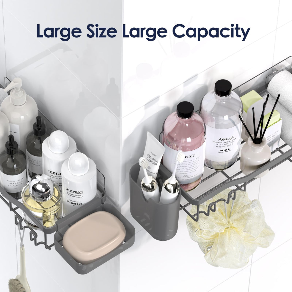 Includes toothbrush holder and multiple soap dishes for bathroom organization.