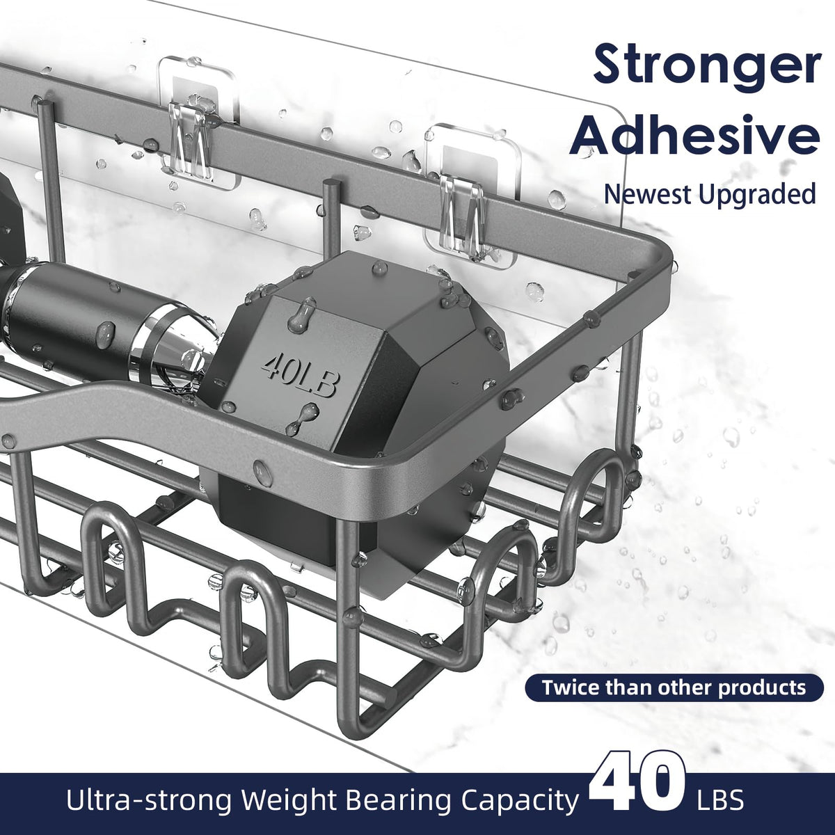 NESOMI stainless steel shelves provide rustproof storage for shampoos and razors.