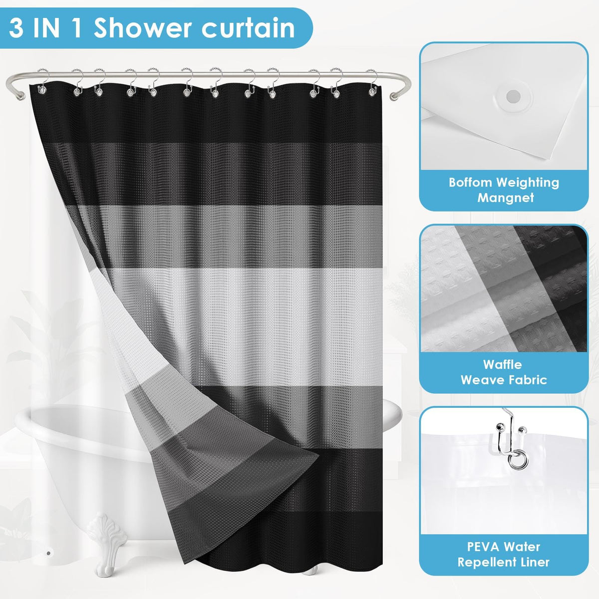 Nesphy 3-in-1 set includes curtain, liner, and hooks for convenience.