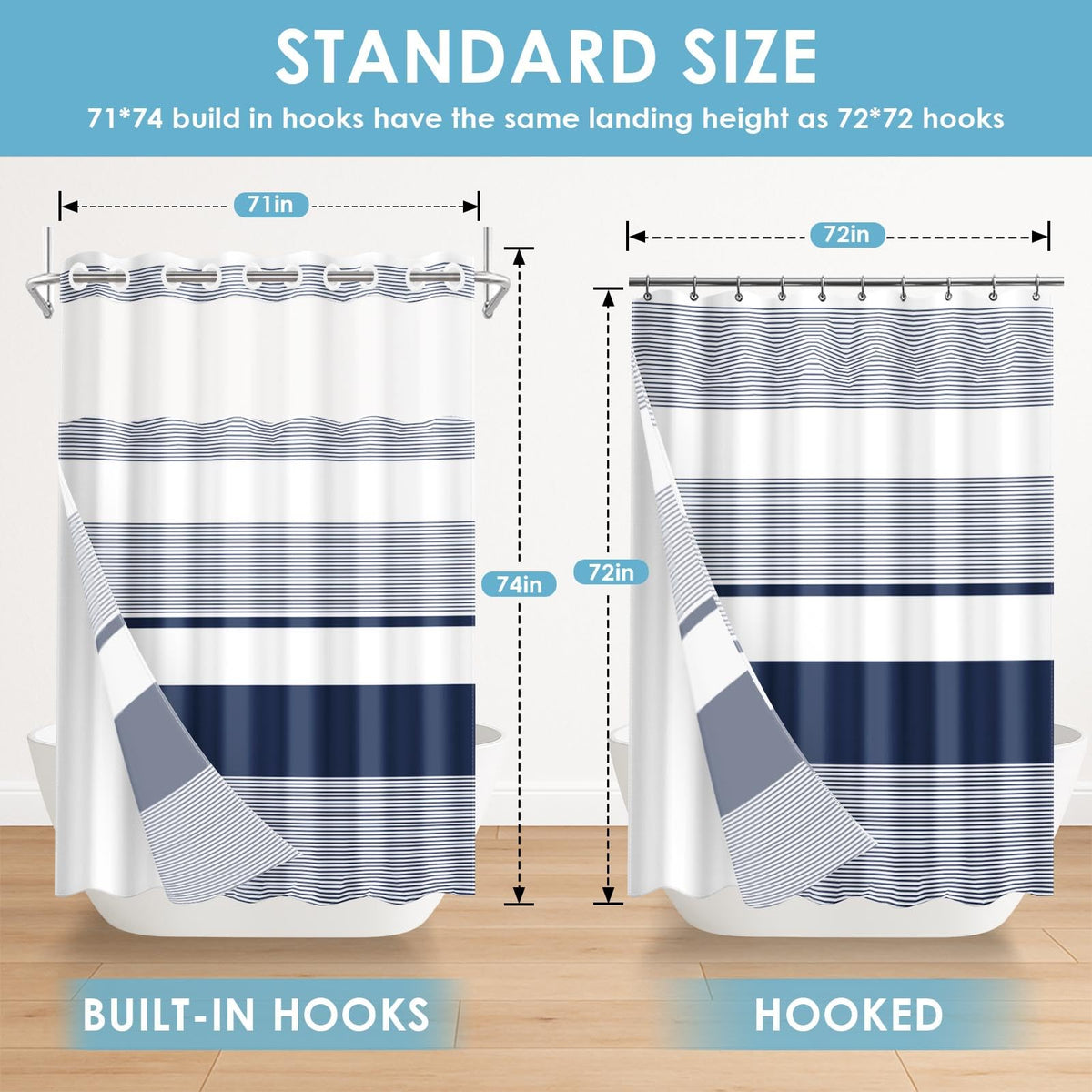 Nesphy 71x74 inch bath curtain fits most standard bathrooms.