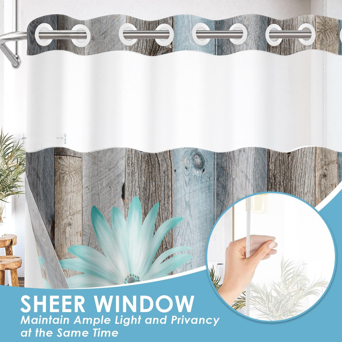 Nesphy No Hook curtain with clear top window lets natural light while maintaining privacy.
