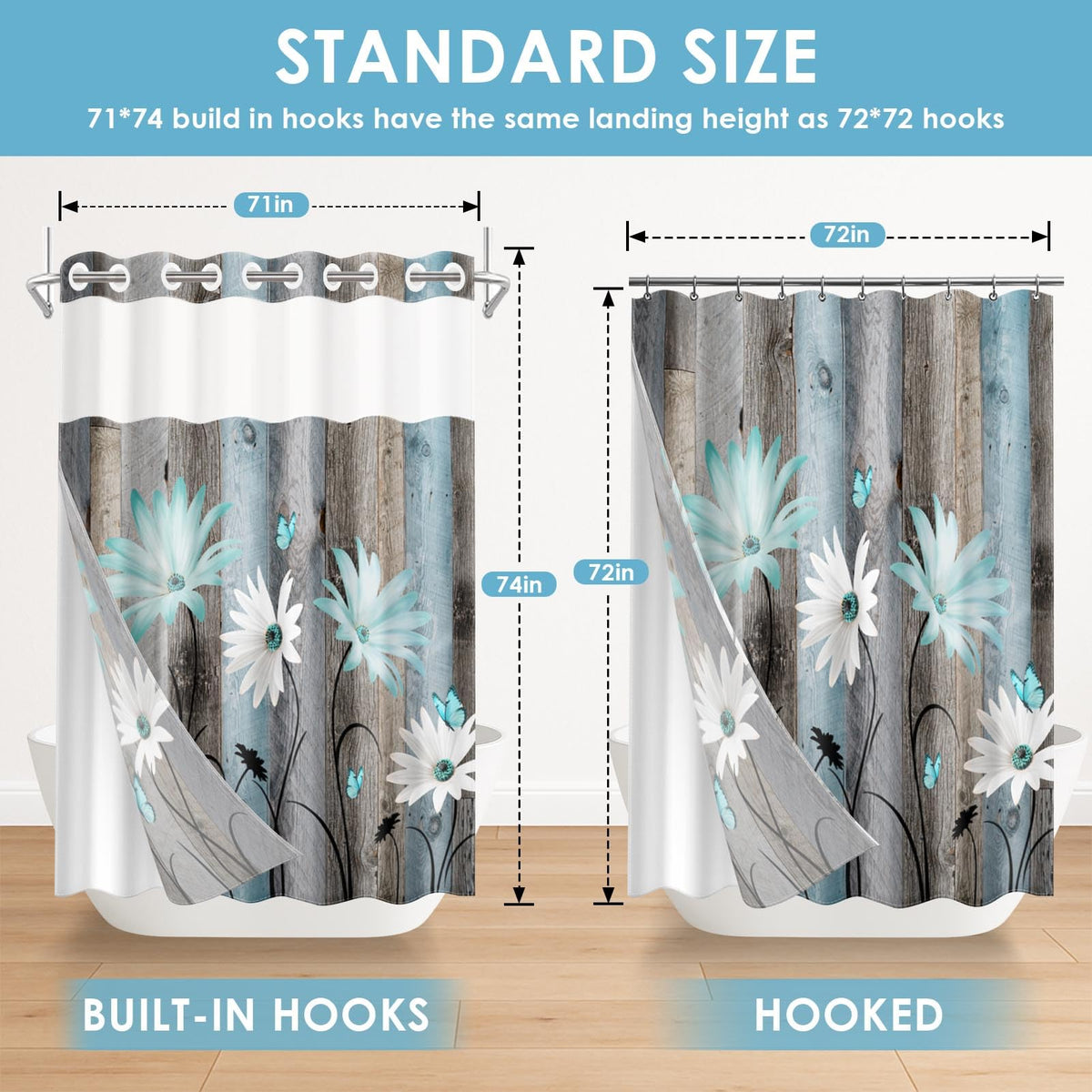 Nesphy No Hook shower curtain fits standard baths with 71x74 inch dimensions.